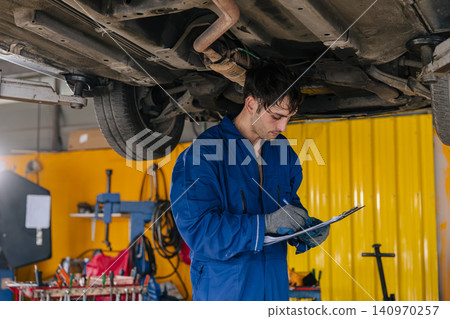Garage Mechanic worker in auto service center working steering brake service maintenance under car. Garage Mechanic worker in auto service center working steering brake service maintenance under car. 140970257