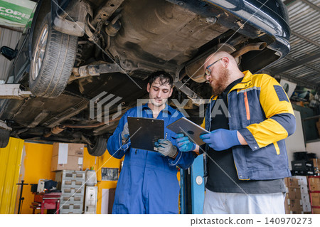 Garage Mechanic worker in auto service center working steering brake service maintenance under car. 140970273
