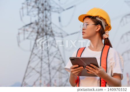 Female engineer inspecting power transmission tower, energy infrastructure concept 140970332