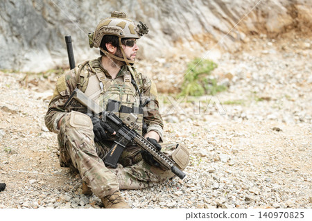 Military special forces soldier team in combat operation, tactical military portrait in action 140970825