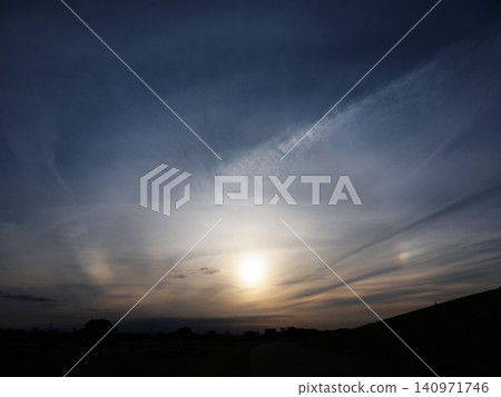 A parhelion appeared in the twilight sky. A parhelion appeared in the twilight sky. 140971746