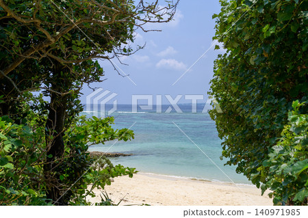 沖繩海灘景色，綠樹環繞，可俯瞰大海。 140971985