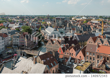 Ghent, Belgium - July 18 2024: Aerial view of Ghent during Musical Festival Gentse Feesten Ghent, Belgium - July 18 2024: Aerial view of Ghent during Musical Festival Gentse Feesten 140972343