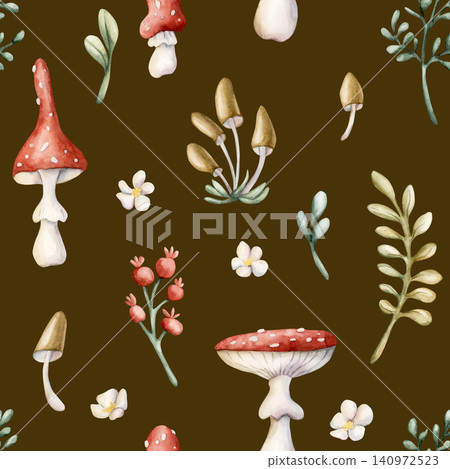 Cute Fly Agaric Toadstool Mushroom Red Berry Seamless Pattern. Watercolor summer floral forest illustration hand painted isolated on brown background nursery baby kids design fresh prints home textile Cute Fly Agaric Toadstool Mushroom Red Berry Seamless Pattern. Watercolor summer floral forest illustration hand painted isolated on brown background nursery baby kids design fresh prints home textile 140972523