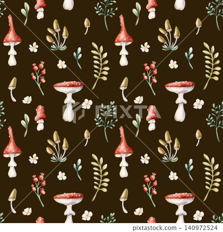 Cute Fly Agaric Toadstool Mushroom Red Berry Seamless Pattern. Watercolor summer floral forest illustration hand painted isolated on dark background nursery baby kids design fresh prints home textile Cute Fly Agaric Toadstool Mushroom Red Berry Seamless Pattern. Watercolor summer floral forest illustration hand painted isolated on dark background nursery baby kids design fresh prints home textile 140972524