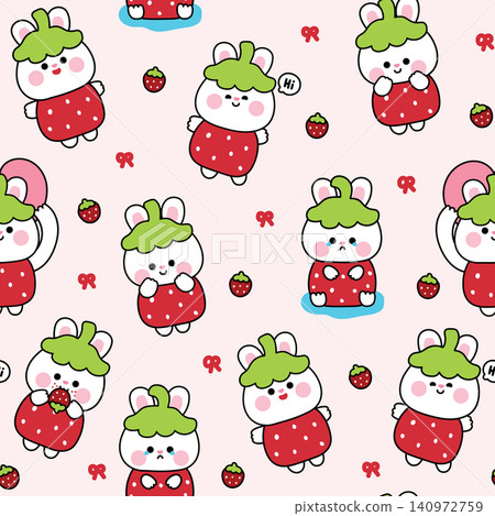 Seamless pattern of cute rabbit in strawberry costume various poses and feeling background.Fruits.Bunny.Easter.Rodent animal character cartoon.Kawaii.Vector.Illustration. Seamless pattern of cute rabbit in strawberry costume various poses and feeling background.Fruits.Bunny.Easter.Rodent animal character cartoon.Kawaii.Vector.Illustration. 140972759
