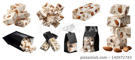 Set of classic almond nuts Nougat, sweet confection paste chewy hard candy, black packaging, pile stack broken cube bar, transparent cutout PNG. Many different Mockup template design Set of classic almond nuts Nougat, sweet confection paste chewy hard candy, black packaging, pile stack broken cube bar, transparent cutout PNG. Many different Mockup template design 140972783