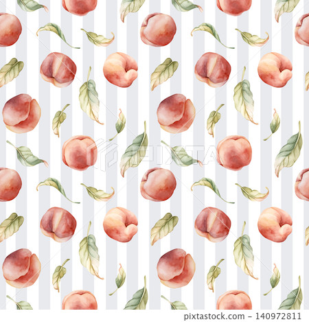 Pink Peaches Blue Striped Seamless Pattern Summer Juicy Ripe Fruits. Watercolor hand drawn floral food illustration isolated on white background for home kitchen textile fresh print cosmetic package Pink Peaches Blue Striped Seamless Pattern Summer Juicy Ripe Fruits. Watercolor hand drawn floral food illustration isolated on white background for home kitchen textile fresh print cosmetic package 140972811