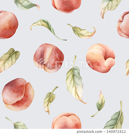 Pink Peaches Seamless Pattern Summer Juicy Ripe Fruits. Watercolor hand drawn floral food illustration isolated on blue background for home kitchen textile fresh print cosmetic package cute crockery Pink Peaches Seamless Pattern Summer Juicy Ripe Fruits. Watercolor hand drawn floral food illustration isolated on blue background for home kitchen textile fresh print cosmetic package cute crockery 140972812