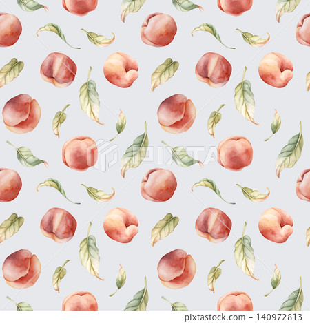 Pink Peaches Seamless Pattern Summer Juicy Ripe Fruits. Watercolor hand drawn floral food illustration isolated on blue background for home kitchen textile fresh print cosmetic package cute crockery 140972813