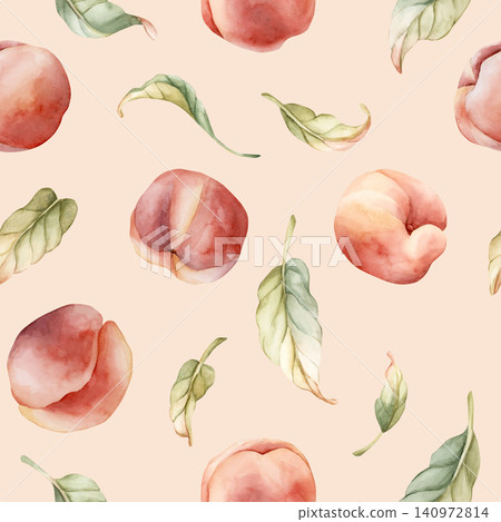 Pink Peaches Seamless Pattern Summer Juicy Ripe Fruits. Watercolor hand drawn floral food illustration isolated on beige background for home kitchen textile fresh print cosmetic package cute crockery 140972814