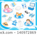 一組用於夏季海灘防曬和休閒用品的插圖。 140972869