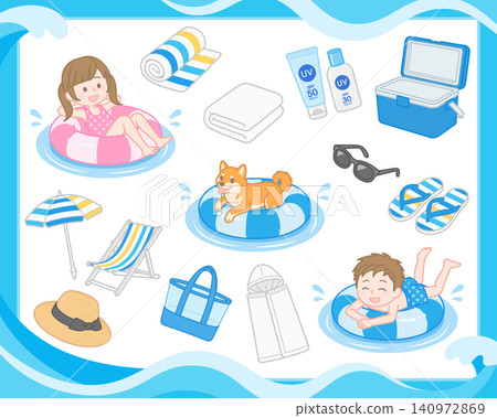 一組用於夏季海灘防曬和休閒用品的插圖。 一組用於夏季海灘防曬和休閒用品的插圖。 140972869