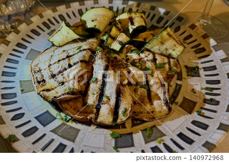 Grilled Vegetables on Artisan Plate Garnished with Herbs Grilled Vegetables on Artisan Plate Garnished with Herbs 140972968