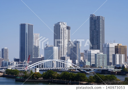 Tokyo Bay Area: The cluster of high-rise condominiums in the waterfront area and Tsukiji Bridge 140973053