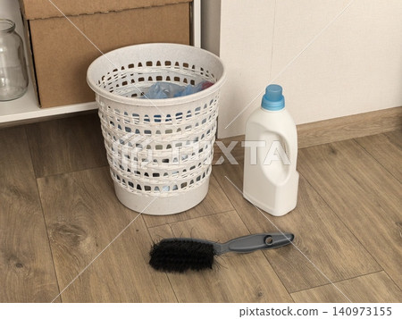 Waste basket detergent bottle and brush on wooden floor for house cleaning Waste basket detergent bottle and brush on wooden floor for house cleaning 140973155