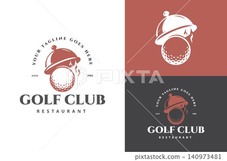 Serving Cloche with Golf Ball Vintage Restaurant Badge Logo for Golf Club Dining Hospitality and Catering Branding 140973481