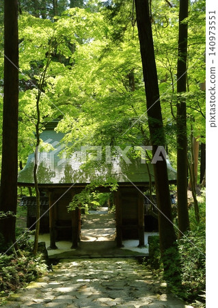 Hyakusaiji Temple: The approach to the temple amidst fresh greenery. Hyakusaiji Temple: The approach to the temple amidst fresh greenery. 140973551
