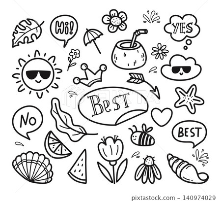 Summer Doodles with Speech Bubbles and Shells, Cocktail and Flowers. Botanical Line Art, Cute Beach Elements, Tropical Fruit, and Labels. Vector illustration. Isolated Black Hand Drawn on White. 140974029