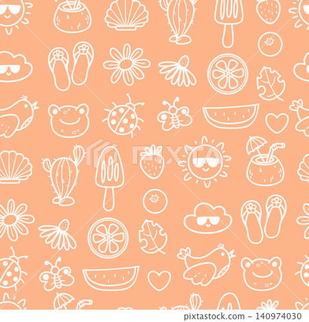 Cute Summer Beach Seamless Pattern Doodle. White Outline Tropical Fruit, Cactus, Ice Cream, Sun and Cloud in Glasses and Animals on Pastel Orange Background, Vector Illustration. Hand Drawn. Cute Summer Beach Seamless Pattern Doodle. White Outline Tropical Fruit, Cactus, Ice Cream, Sun and Cloud in Glasses and Animals on Pastel Orange Background, Vector Illustration. Hand Drawn. 140974030