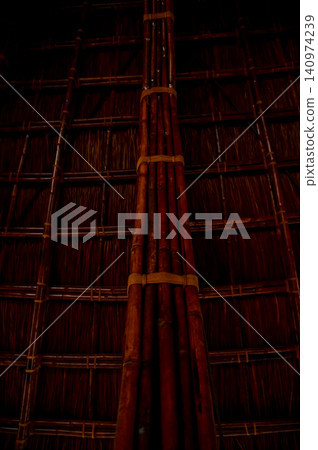 Interior of modern architecture, modern design. Bamboo architecture, interior design. Details of modern architecture. Building abstract. Building background. 140974239