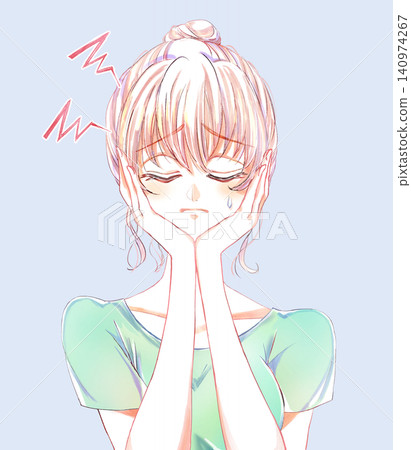 A woman with a headache, sweating, and touching her face with her hands. A woman with a headache, sweating, and touching her face with her hands. 140974267