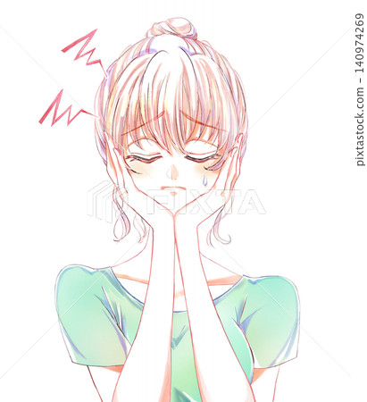 A woman with a headache, sweating, and touching her face with her hands. 140974269