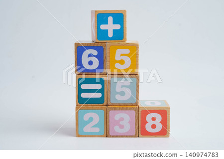 Number wood block cubes for learning Mathematic, education math concept. 140974783
