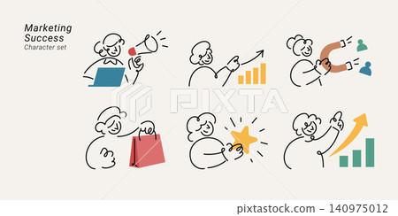 Line art character set featuring diverse people in various marketing, growth and success concepts illustration. Line art character set featuring diverse people in various marketing, growth and success concepts illustration. 140975012
