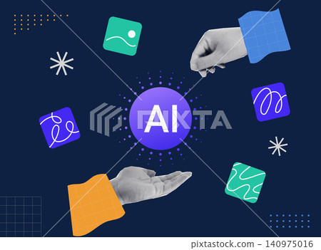 Halftone collage illustration of AI concept with hands reaching toward glowing artificial intelligence icon and abstract elements. Halftone collage illustration of AI concept with hands reaching toward glowing artificial intelligence icon and abstract elements. 140975016