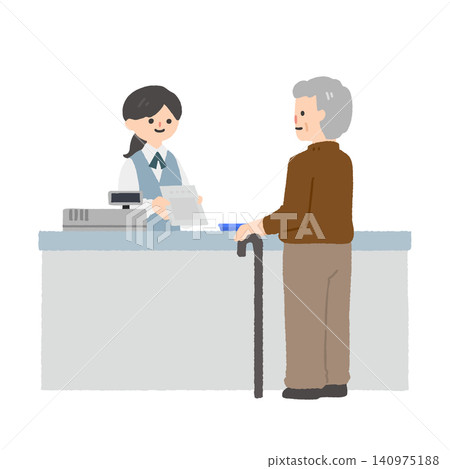 An illustration of a medical staff member handling accounting and explanations at the counter of a medical institution or pharmacy, and an elderly man. 140975188
