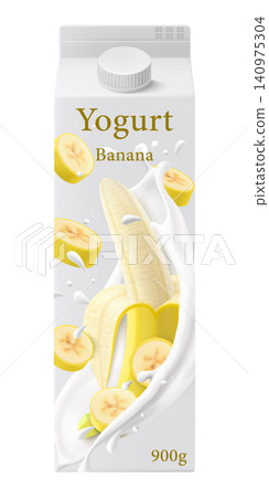 White matte plastic bottle for banana yogurt, cream or milkshake. 3d realistic packaging mockup template. yogurt cream with fresh banana isolated on white background, Vector illustration White matte plastic bottle for banana yogurt, cream or milkshake. 3d realistic packaging mockup template. yogurt cream with fresh banana isolated on white background, Vector illustration 140975304
