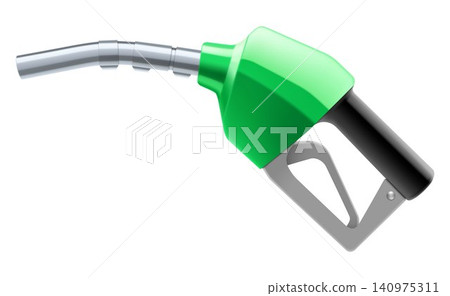 Fuel gun. Gasoline Transfer and Dispensing Fuel Nozzle Gun. Petrol Green Fuel pump isolated on white background. Realistic 3D vector illustration 140975311