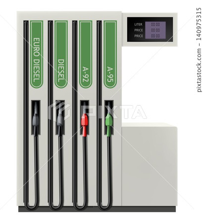 Gas station with fuel guns isolated on white background. Oil pump and nozzles at the gas station. Diesel Nozzle and Gas Nozzle. Gasoline Transfer and Dispensing Fuel Nozzle Gun. Realistic 3d vector 140975315