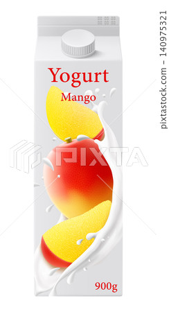 White matte plastic bottle for mango yogurt, cream or milkshake. 3d realistic packaging mockup template. yogurt cream with fresh mango isolated on white background, Vector illustration White matte plastic bottle for mango yogurt, cream or milkshake. 3d realistic packaging mockup template. yogurt cream with fresh mango isolated on white background, Vector illustration 140975321