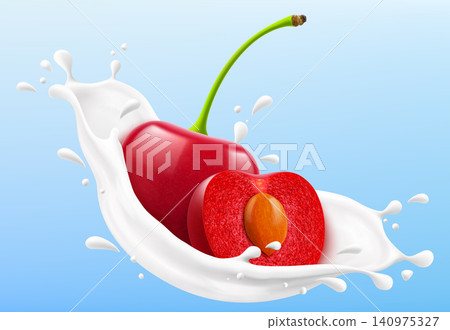 Red cherry in a milk splash isolated on blue background. Fresh cherry Dropping into milk or yogurt splash. Milkshake splash with ripe red cherries. Realistic 3d vector illustration 140975327