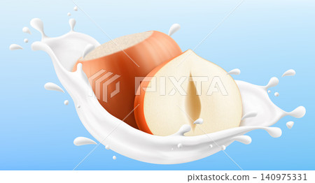 Hazelnut falling into a creamy milk or yogurt splash with liquid droplets, isolated on a blue background for food design and healthy breakfast concept. Realistic 3d vector illustration Hazelnut falling into a creamy milk or yogurt splash with liquid droplets, isolated on a blue background for food design and healthy breakfast concept. Realistic 3d vector illustration 140975331