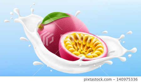 Ripe passion fruit in a milk splash isolated on blue background. Fresh passion fruit dropping into milk or yogurt splash. Milkshake splash with ripe passion fruit. Realistic 3d vector illustration Ripe passion fruit in a milk splash isolated on blue background. Fresh passion fruit dropping into milk or yogurt splash. Milkshake splash with ripe passion fruit. Realistic 3d vector illustration 140975336