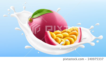 Ripe passion fruit in a milk splash isolated on blue background. Fresh passion fruit dropping into milk or yogurt splash. Milkshake splash with ripe passion fruit. Realistic 3d vector illustration Ripe passion fruit in a milk splash isolated on blue background. Fresh passion fruit dropping into milk or yogurt splash. Milkshake splash with ripe passion fruit. Realistic 3d vector illustration 140975337