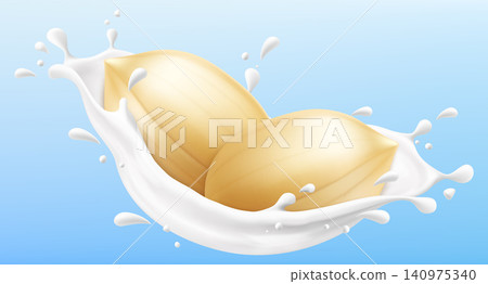 Peanut falling into a creamy milk or yogurt splash with liquid droplets, isolated on a blue background for food design and healthy breakfast concept. Realistic 3d vector illustration Peanut falling into a creamy milk or yogurt splash with liquid droplets, isolated on a blue background for food design and healthy breakfast concept. Realistic 3d vector illustration 140975340