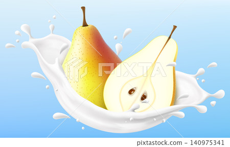 Ripe pear in a milk splash isolated on blue background. Fresh pear dropping into milk or yogurt splash. Milkshake splash with sweet pear. Realistic 3d vector illustration Ripe pear in a milk splash isolated on blue background. Fresh pear dropping into milk or yogurt splash. Milkshake splash with sweet pear. Realistic 3d vector illustration 140975341