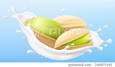 Pistachios falling into a creamy milk or yogurt splash with liquid droplets, isolated on a blue background for food design and healthy breakfast concept. Realistic 3d vector illustration Pistachios falling into a creamy milk or yogurt splash with liquid droplets, isolated on a blue background for food design and healthy breakfast concept. Realistic 3d vector illustration 140975342