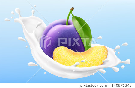 Ripe plum in a milk splash isolated on blue background. Fresh plum dropping into milk or yogurt splash. Milkshake splash with juicy plum. Realistic 3d vector illustration Ripe plum in a milk splash isolated on blue background. Fresh plum dropping into milk or yogurt splash. Milkshake splash with juicy plum. Realistic 3d vector illustration 140975343