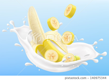 Ripe banana in a milk splash isolated on blue background. Fresh banana dropping into milk or yogurt splash. Milkshake splash with sweet banana. Realistic 3d vector illustration Ripe banana in a milk splash isolated on blue background. Fresh banana dropping into milk or yogurt splash. Milkshake splash with sweet banana. Realistic 3d vector illustration 140975344