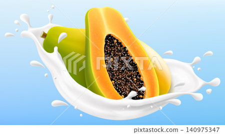 Ripe papaya fruit in a milk splash isolated on blue background. Fresh papaya dropping into milk or yogurt splash. Milkshake splash with ripe papaya fruit. Realistic 3d vector illustration Ripe papaya fruit in a milk splash isolated on blue background. Fresh papaya dropping into milk or yogurt splash. Milkshake splash with ripe papaya fruit. Realistic 3d vector illustration 140975347