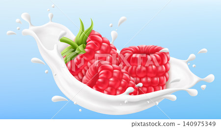 Ripe raspberry in a milk splash isolated on blue background. Fresh fruits dropping into milk or yogurt splash. Milkshake splash with sweet banana and berries. Realistic 3d vector illustration Ripe raspberry in a milk splash isolated on blue background. Fresh fruits dropping into milk or yogurt splash. Milkshake splash with sweet banana and berries. Realistic 3d vector illustration 140975349