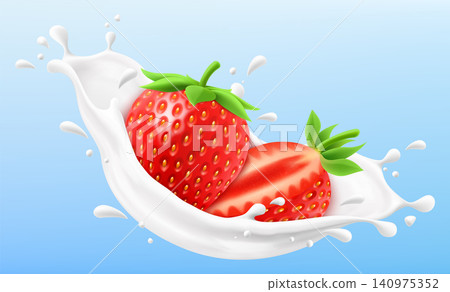 Red strawberry in a milk splash isolated on blue background. Fresh strawberry dropping into milk or yogurt splash. Milkshake splash with ripe strawberry. Realistic 3d vector illustration Red strawberry in a milk splash isolated on blue background. Fresh strawberry dropping into milk or yogurt splash. Milkshake splash with ripe strawberry. Realistic 3d vector illustration 140975352