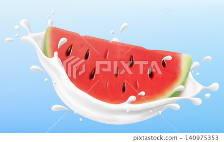Ripe watermelon in a creamy milk or yogurt splash with liquid droplets, isolated on a blue background for food design and healthy breakfast concept. Realistic 3d vector illustration Ripe watermelon in a creamy milk or yogurt splash with liquid droplets, isolated on a blue background for food design and healthy breakfast concept. Realistic 3d vector illustration 140975353