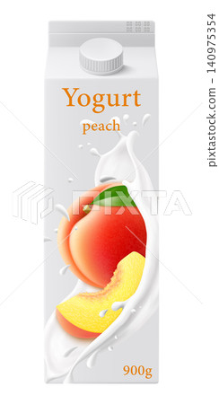 White matte plastic bottle for peach yogurt, cream or milkshake. 3d realistic packaging mockup template. yogurt cream with fresh peach isolated on white background, Vector illustration White matte plastic bottle for peach yogurt, cream or milkshake. 3d realistic packaging mockup template. yogurt cream with fresh peach isolated on white background, Vector illustration 140975354