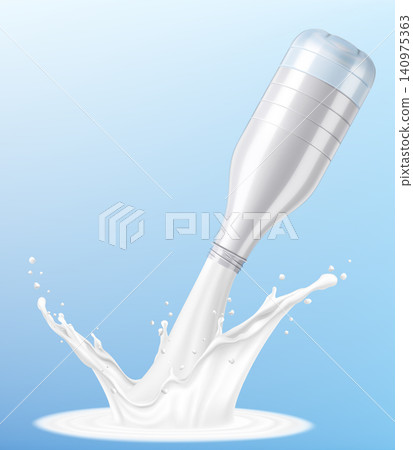 Milk Pouring Bottle. Spilled Milk Bottle. Bottle from which milk is spilled, a splash of milk. Plastic Bottle Template. For kefir, milk, yogurt and other beverages. Realistic 3d vector illustration. 140975363
